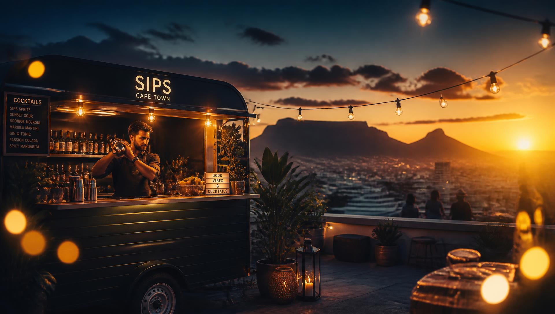 Mobile cocktail bar on a Cape Town rooftop at sunset with Table Mountain behind it