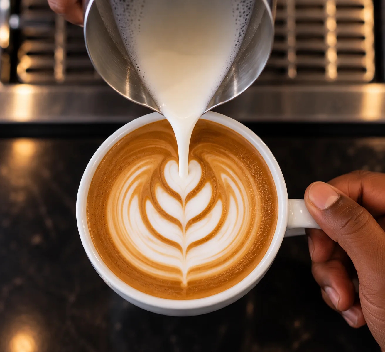 Barista pouring detailed latte art into a fresh cappuccino at a mobile coffee bar event in Cape Town