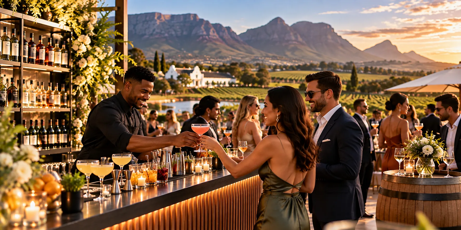 Bartender serving cocktails to wedding guests at sunset in the Cape Winelands