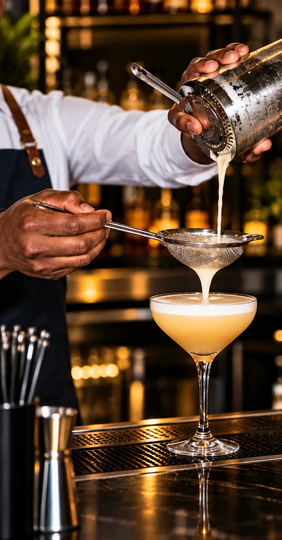 Bartender straining a creamy cocktail into a coupe glass