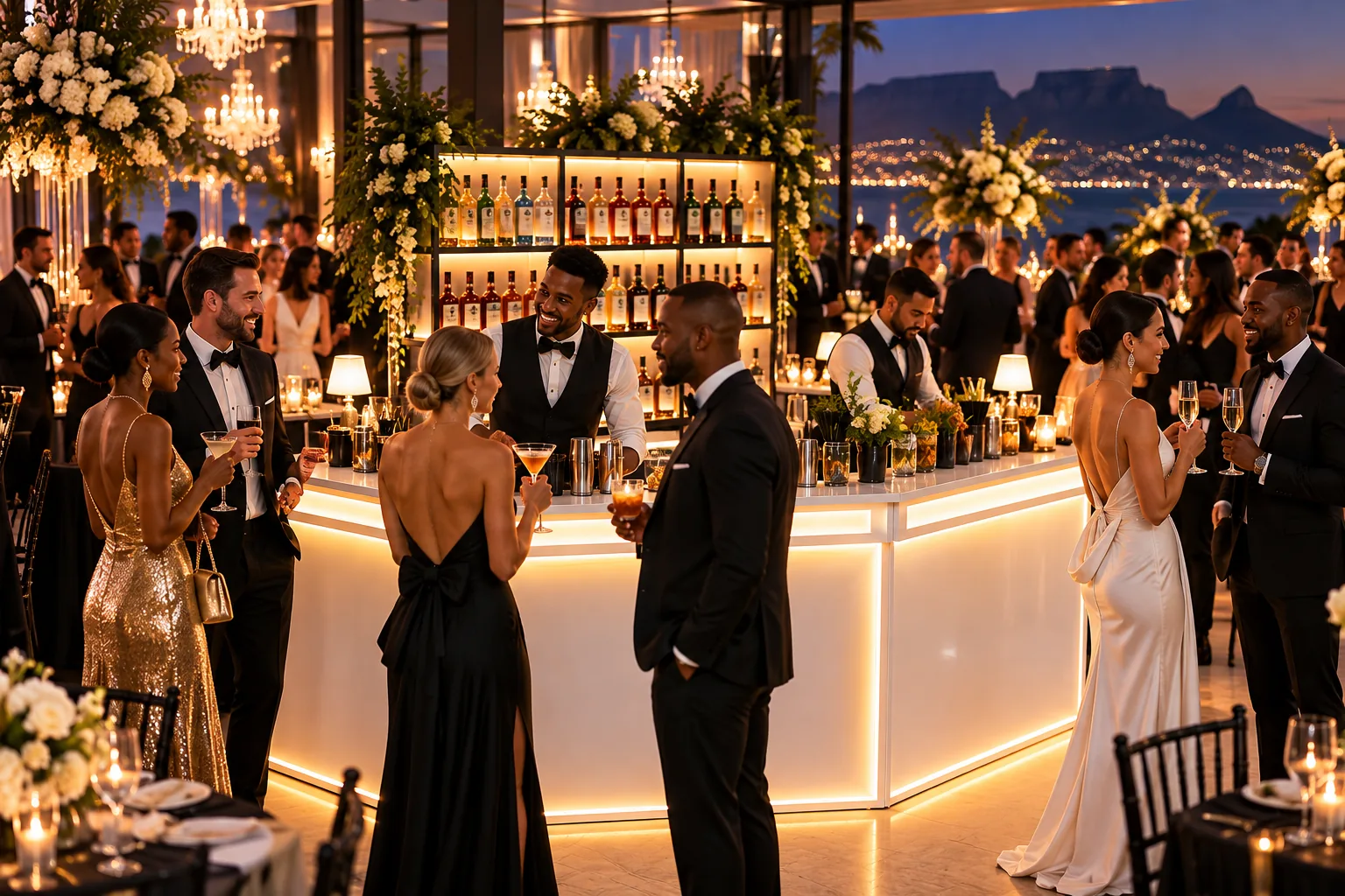 Guests enjoying cocktails around an illuminated mobile bar at a formal Cape Town event overlooking Table Mountain