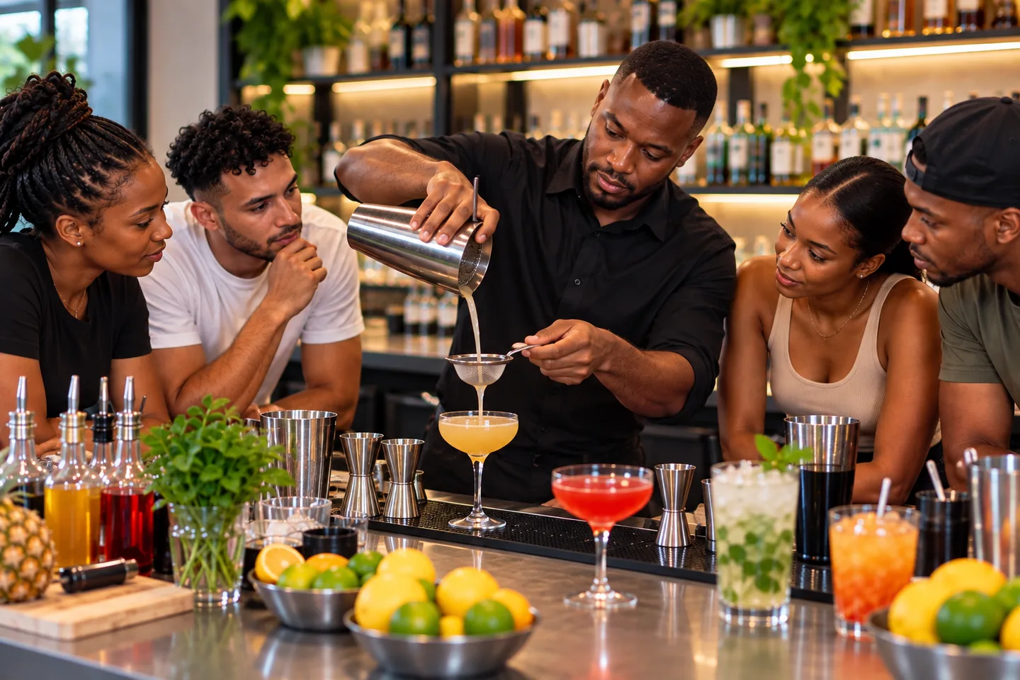 Bar staff watching a hands-on cocktail demonstration during a Drinks Weather bartender training session